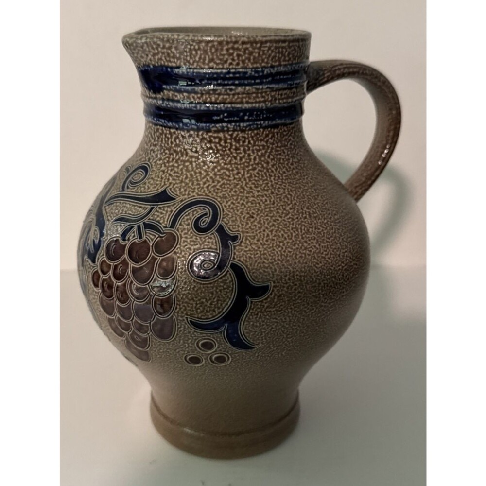 Vintage Germany Salt Glaze Pitcher Brown/Blue Grapes Goebel Merkelbach Stoneware
